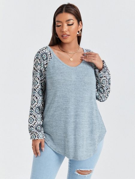 

plus damask & argyle print raglan sleeve tee a0ru#, Black