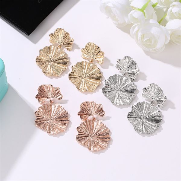 

ins creative big dangle earrings for women girl vintage punk geometric lotus leaf gold color drop earrings large metal statement jewelry, Silver