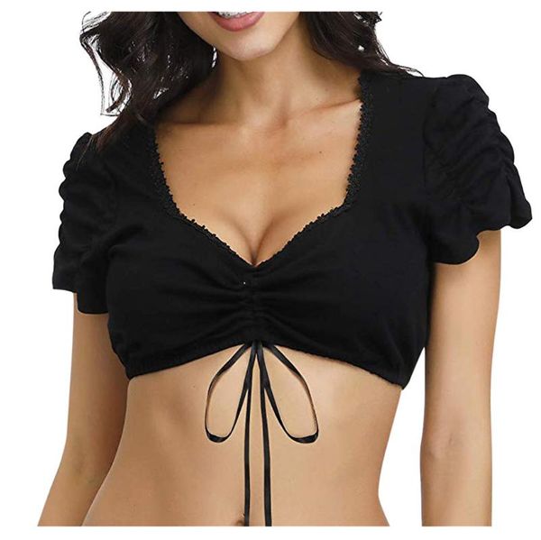 

womens and blouses v-neck lace up blouse short sleeve button elegant dirndl blouse black dirndl #bl1, White