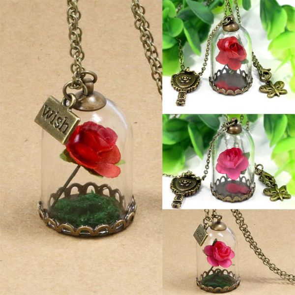 

pendant necklaces wish dried flower mini rose in terrarium and mirror charm glass bottle necklace chain, Silver