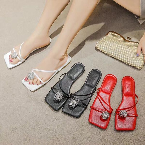 

2021 summer new open-toe woman's word flat fairytale style square head strass clip slipper feet wex7, Black