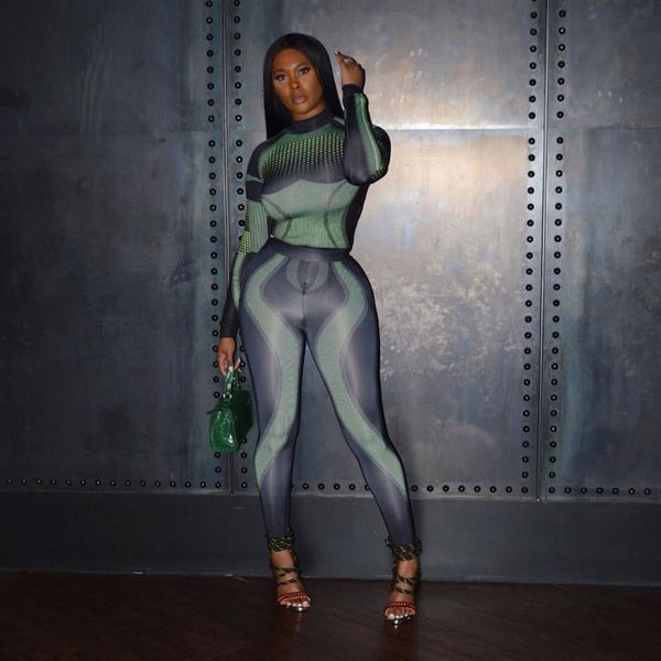 

women's tracksuits dpsde 2021 women fashion locomotive style sets long sleeve round neck elastic pants printed two piece, Gray