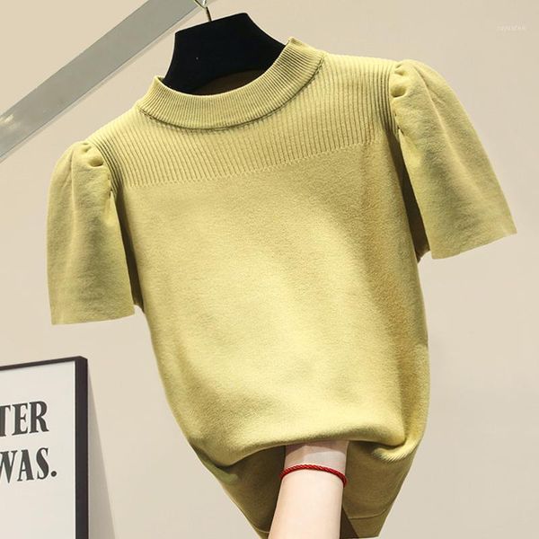 

ice silk knitted black white sweater women puff sleeve o-neck solid pullover modis ins 2020 new arrival1, White;black