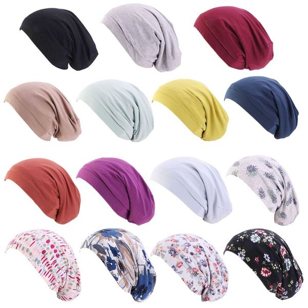 Algodão Baggy Hat Catin Alinhado Chemo Cap Duplo Camada Elástica Band Night Sleep Capaz Imprimir Cabelo Macio Cuidado Cuidado Turbante Headwrap Senhoras Atacado