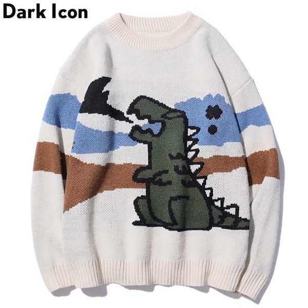 

round neck loose dinosaur autumn korean style knitting pull sweater mens harajuku casual outwear men clothes 201214, White;black