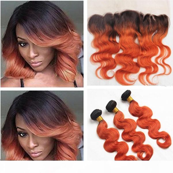 

virgin brazilian orange ombre human hair weaves with lace frontal body wave 1b 350 ombre full lace frontal closure 13x4 with 3bundles, Black;brown