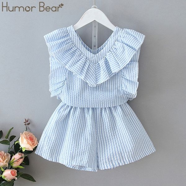 

humor bear girls clothing set 2020 korean summer new striped ruffle t-shirt+pants kids suit toddler baby children's clothes lj200915, White