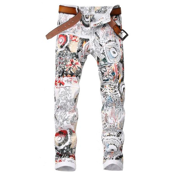 

men's jeans 2021 fashion 3d leaf printed white slim fit stretch pencil pants mens casual european nightclub style denim, Blue
