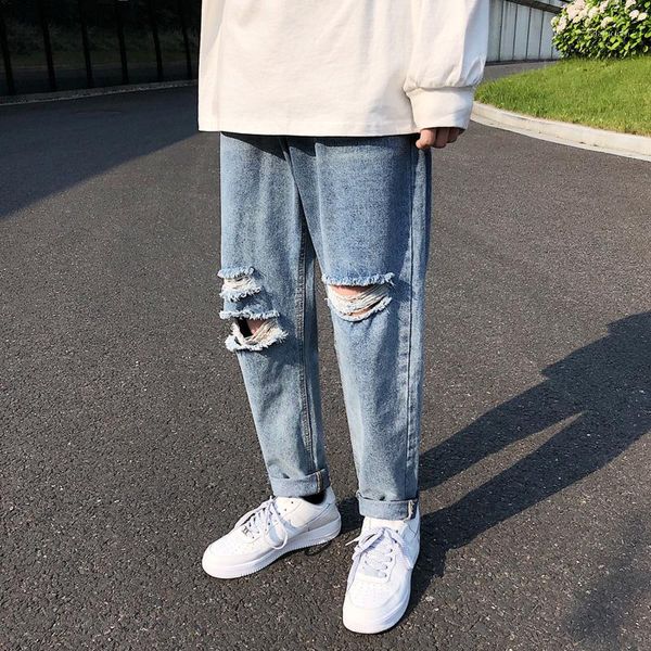 

summer ripped jeans men's fashion washed casual hole jeans men streetwear wild loose hip hop denim trousers mens -2xl1, Blue