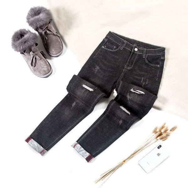 

high waisted and perforated jeans women's 2019 new korean version slim black fake hole thin velvet tight leggings, Blue