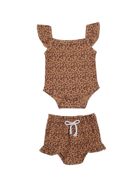 

0-18m newborn girl's leopard 2pcs romper set, ruffled sleeve square neck triangle bodysuit with elastic shorts for summer, White