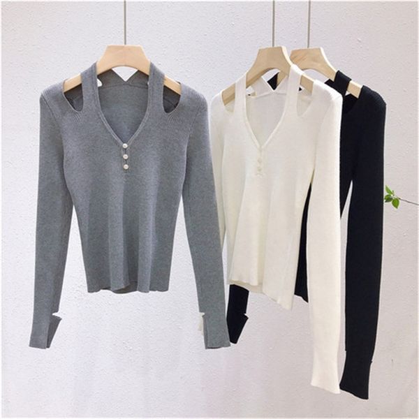 

2021 new autumn and winter style korean design sense hole strapless temperament slim knit bottoming sweater women 03fw, White;black