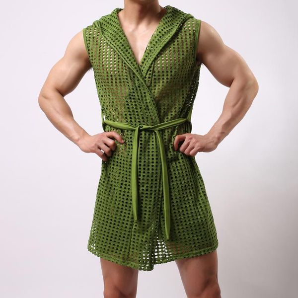

men's sleepwear clothing underwear casual home wear mesh body undershirt hollow men singlet robes, Black;brown