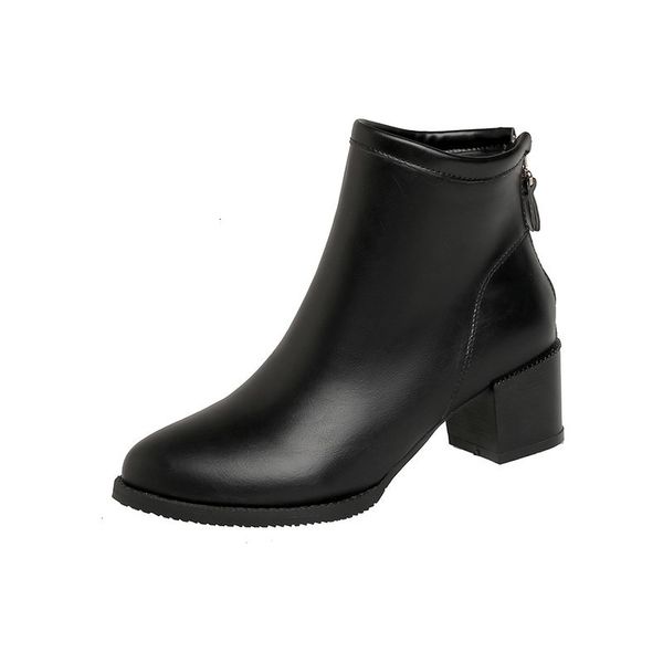 

2021 new ankle square high heel back round toe women pu leather black ladies motorcycle boots size 34-43 cq9z