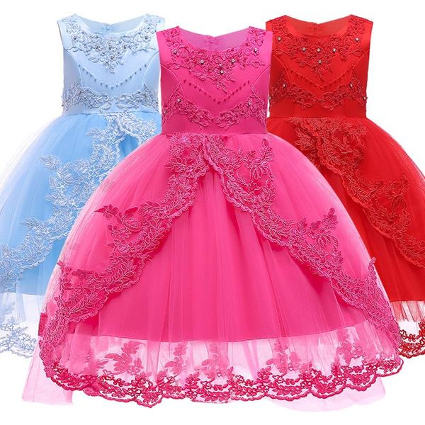 

girl dress net yarn princess dress beaded applique knee-length prom birthday party children's clothing 3-14, Red;yellow