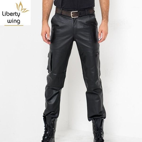 

calca masculina autumn fashion casual trouser genuine leather streetwear motor style men classic zipper comfort full length pant1, Black