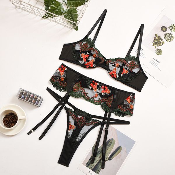 

yimunancy 3-piece bra set women floral embrodiery lace lingerie set ladies transparent bra+ thong underwear c1212, Black;white
