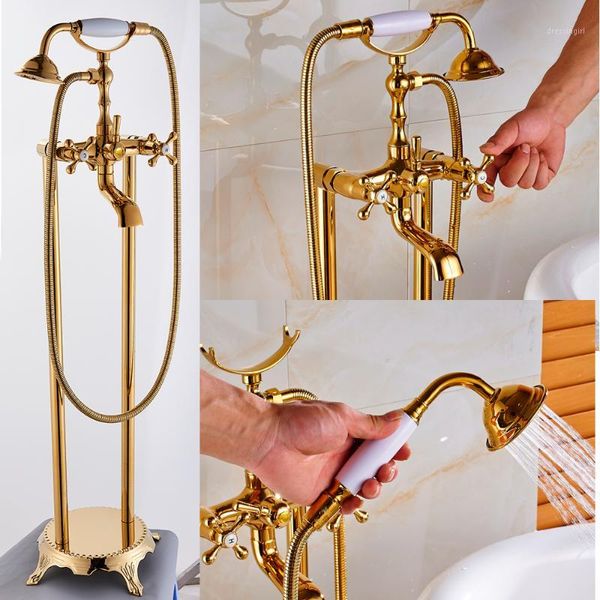 

uythner gold floor mounted tub sink faucet dual handle bathroom bath shower set tanding bathtub mixer tap with handshower1