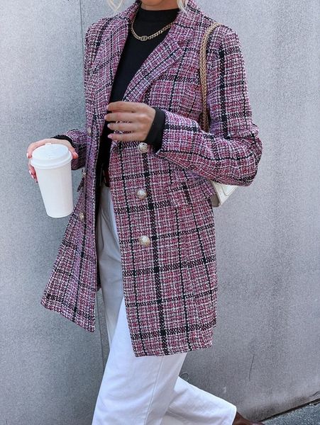 

plaid pattern flap detail double breasted tweed blazer a3gt#, White;black