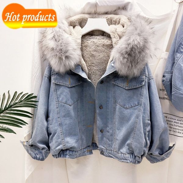

female thick women's winter denim large fur collar with hoodie velvet jacket short coat amsa, Black;brown