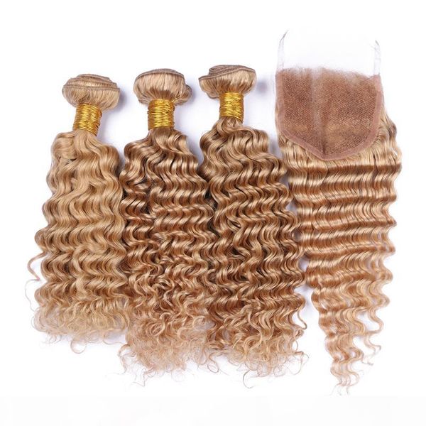 

9a deep wave human hair 3 bundles with lace closure 4pcs lot honey blonde #27 hair weaves withlace closure 4x4, Black