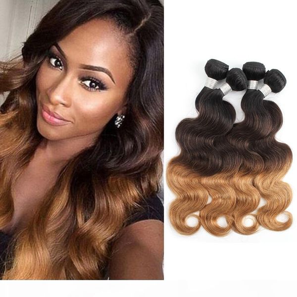 

1b 4 27 brazilian ombre honey blonde body wave hair bundles three tone 3 4 pieces 12-24 inch remy human hair extensions, Black