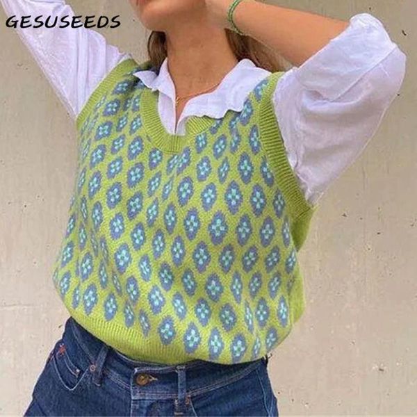 

2021 vintage sweater women floral sweater sleeveless casual pullover fall o neck pullover kawaii jacquard green korean, White;black