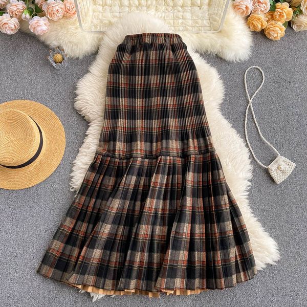

2021 new female singiny chess long vintage high-waisted elastic spring plissado all-match skirt line style 2q5h, Black