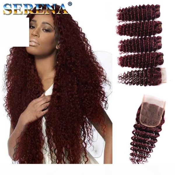 

monogolian kinky curl 5pcs lot peruvian 99j deep curly hair weft burgundy human hair bundles deep wave wine red peruvian hair weaves closure, Black;brown