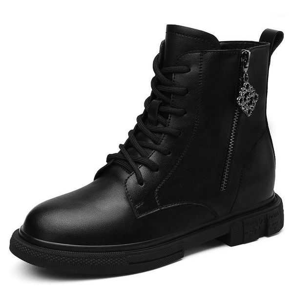 

women shoes genuine leather boots autumn winter new short boots lace up motorcycle flats high heels m00011, Black