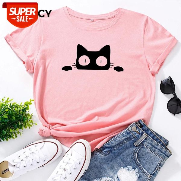 

jfuncy fun cartoon cat print loose t shirt oversize women tees summer cotton t-shirt woman shirts fashion casual pink tshirt #x504, White