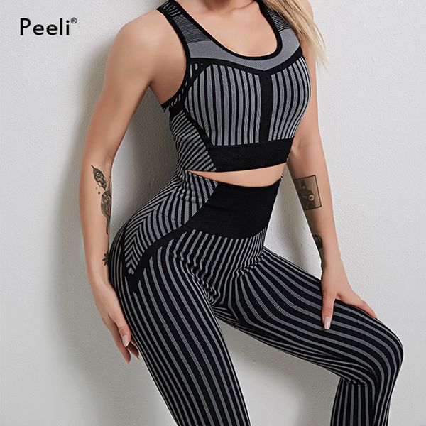 

peeli 2020 seamless sport set women fitness clothes 2 piece sports bra high waist legging workout outfit yoga sport suit gym set c0123, Gray