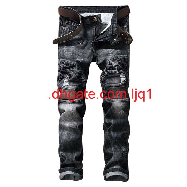 

jeans men's trend pleated slim small straight pleated men's jeans, Blue