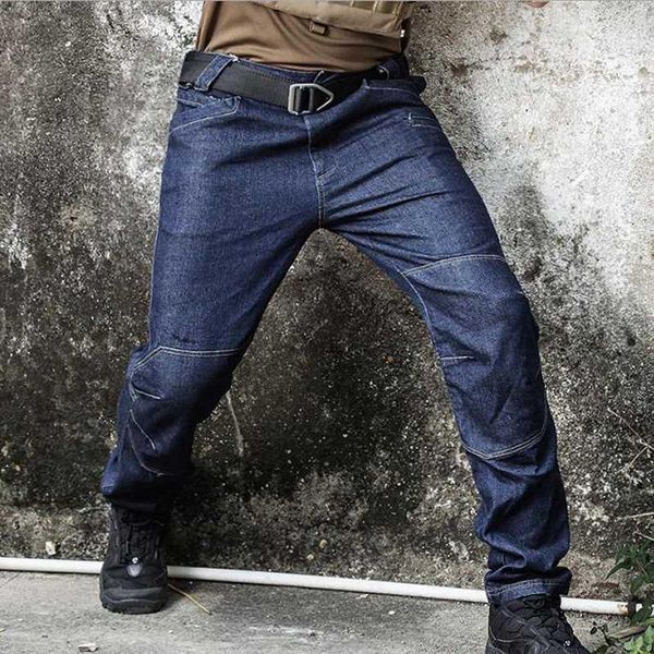 

men's tactical jean pants homme denim baggy pants male army denim jeans fashion motorcycle trousers casual biker cargo jeans1, Blue