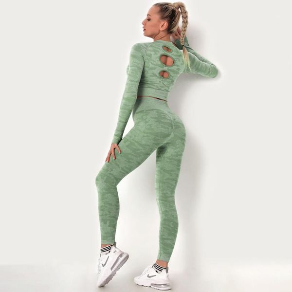 

seamless yoga set women sportswear camouflage sports suit for fitness long sleeve crop leggings set gym clothing green pink1, White;red