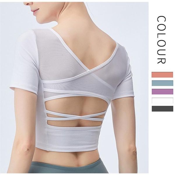 

дышащие женские спортивные вершины с коротким рукавом yoga cross top cross back fitness frong tooth mandded workout sportswear, White;red