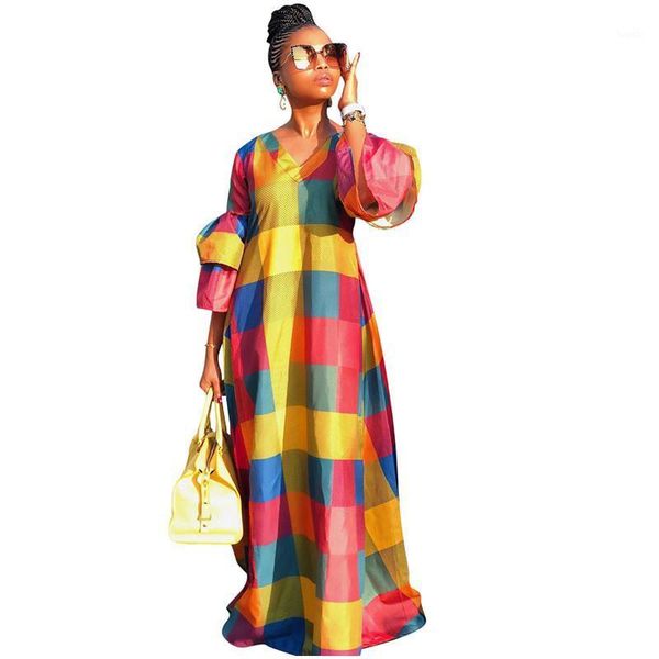 

colorful plaid maxi dress women autumn v neck lantern sleeve long casual dresses elegant floor length party dresses1, Black;gray