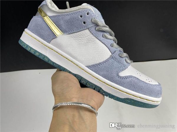 

authentic sean cliver dunk sb low skateboard shoes white psychic blue suede sneaker men women metallic gold sports shoes size 36-46
