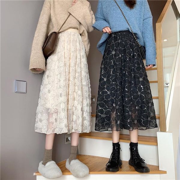 

long skirts for women's skirts harajuku korean style lace flower skirt for teenagers high waist skirt school office, Black