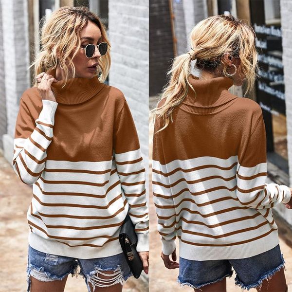 

women long sleeve knitted sweater turtleneck color block stripes jumper, White;black