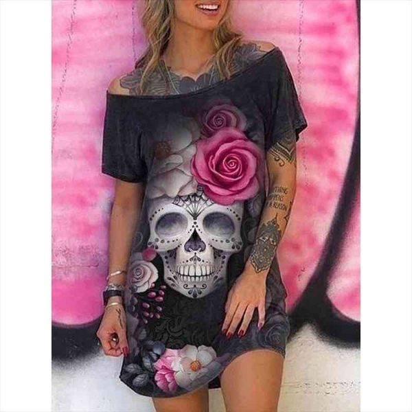 

skull print dresses for women gothic short sleeve summer dress off shoulder loose tank dress plus size undefined dresses, Black;gray
