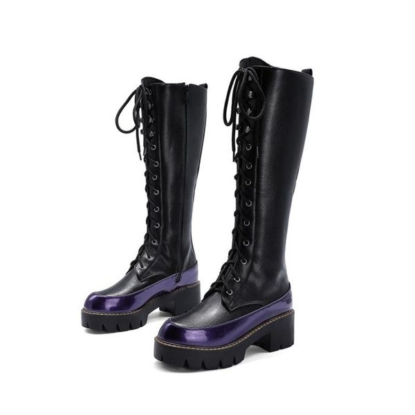 

boots fashion winter combat women shoes knee high heels 5cm round toe platform elastic lace up botas mujer long snow 991, Black