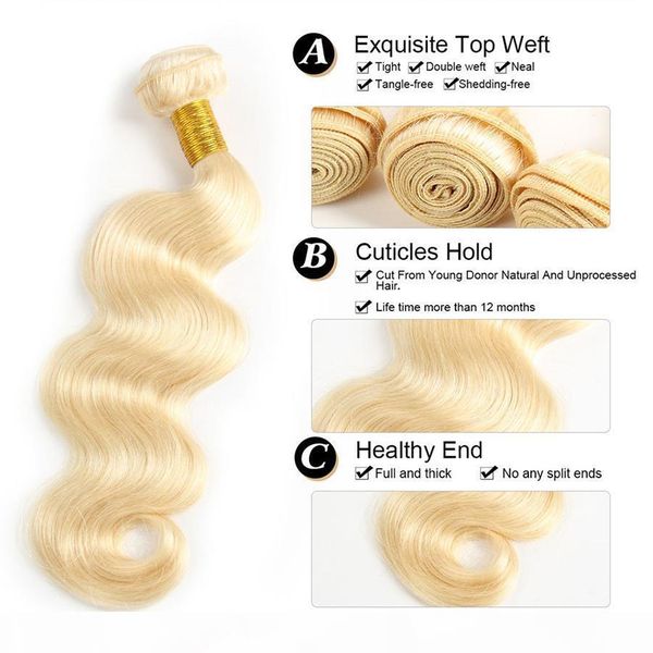

brazilian blonde body wave hair weave 100% human hair extension blonde 613# color double weft no shedding tangle can be dyed 3bundle, Black;brown