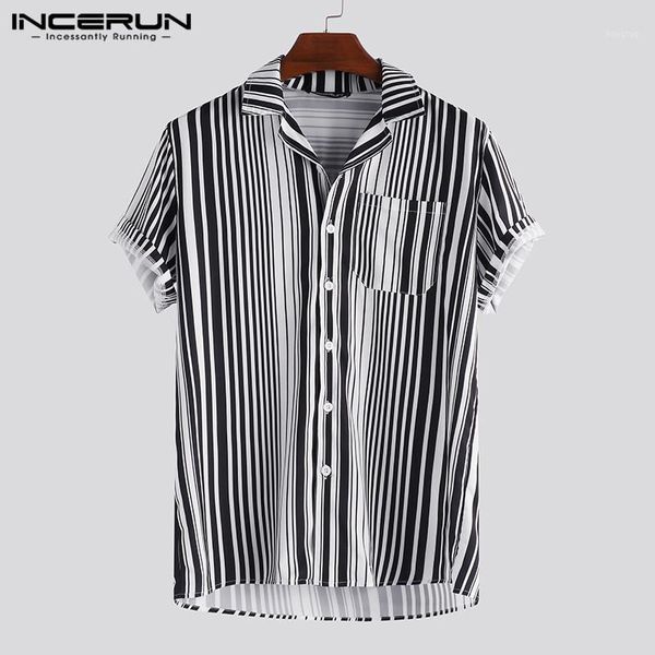 

incerun fashion striped men shirt loose pockets turn-down collar short sleeve beach shirts men streetwear camisa masculina 20201, White;black