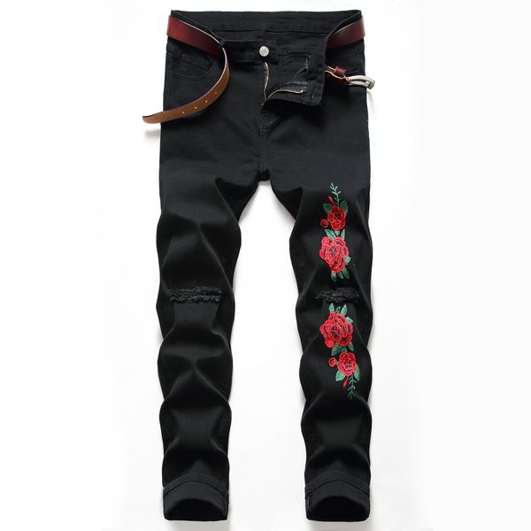 

осенью и зима новая мода бренд персонализированные вышивки роза пронзен джинсы мужские тонкие стрейч маленькие прямые штаны мода, Blue