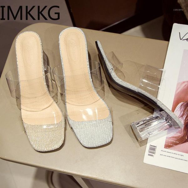 

slippers summer transparent women shoes woman mules slides square high heels clear female f901381, Black
