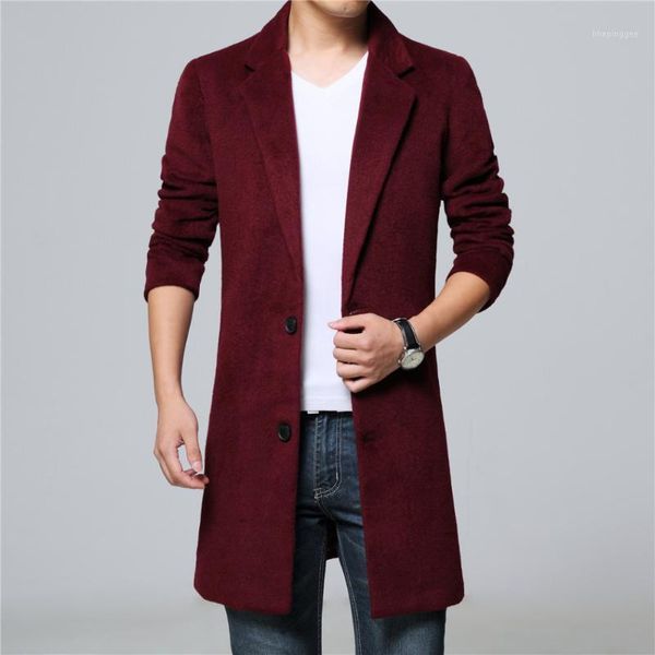 

men's wool & blends mens blend trech coat long coats england style brief two single breasted button thick for winter black wine red dro