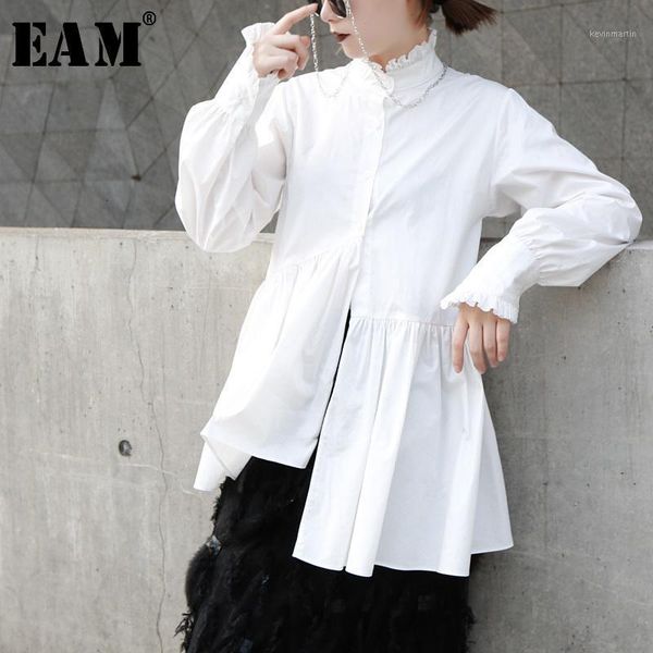 

eam]2021 new spring autumn stand collar long sleeve white loose ruffles stitch irregular shirt women blouse fashion tide jl6791