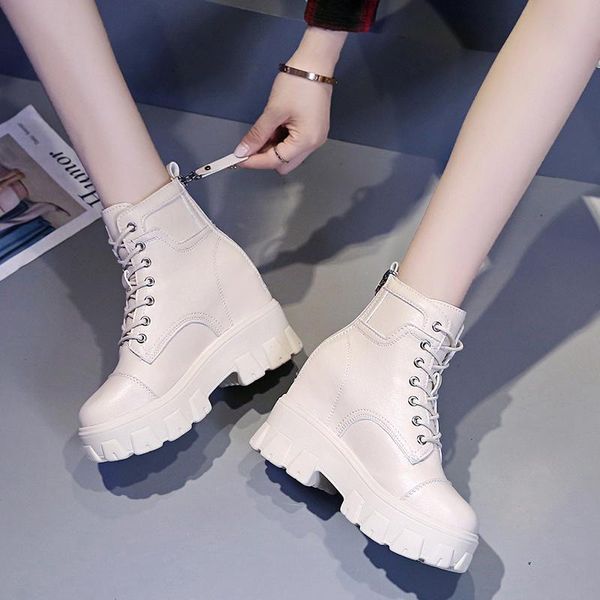 

women wedges ankle boots fashion height increase short boots women pu leather platform wedge black beige new arrival