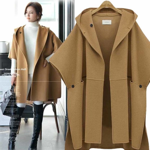 Elegante Inverno Woolen Cape Casaco Mulheres Bat Manga Lã Casacos Casuais Split Streetwear Capuz Overcoat Plus Size LJ201109